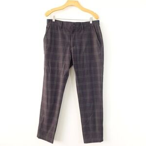 Plaid Performance Pants Men Large ZARA Midnight Blue Stretch Tapered Dress 34/28